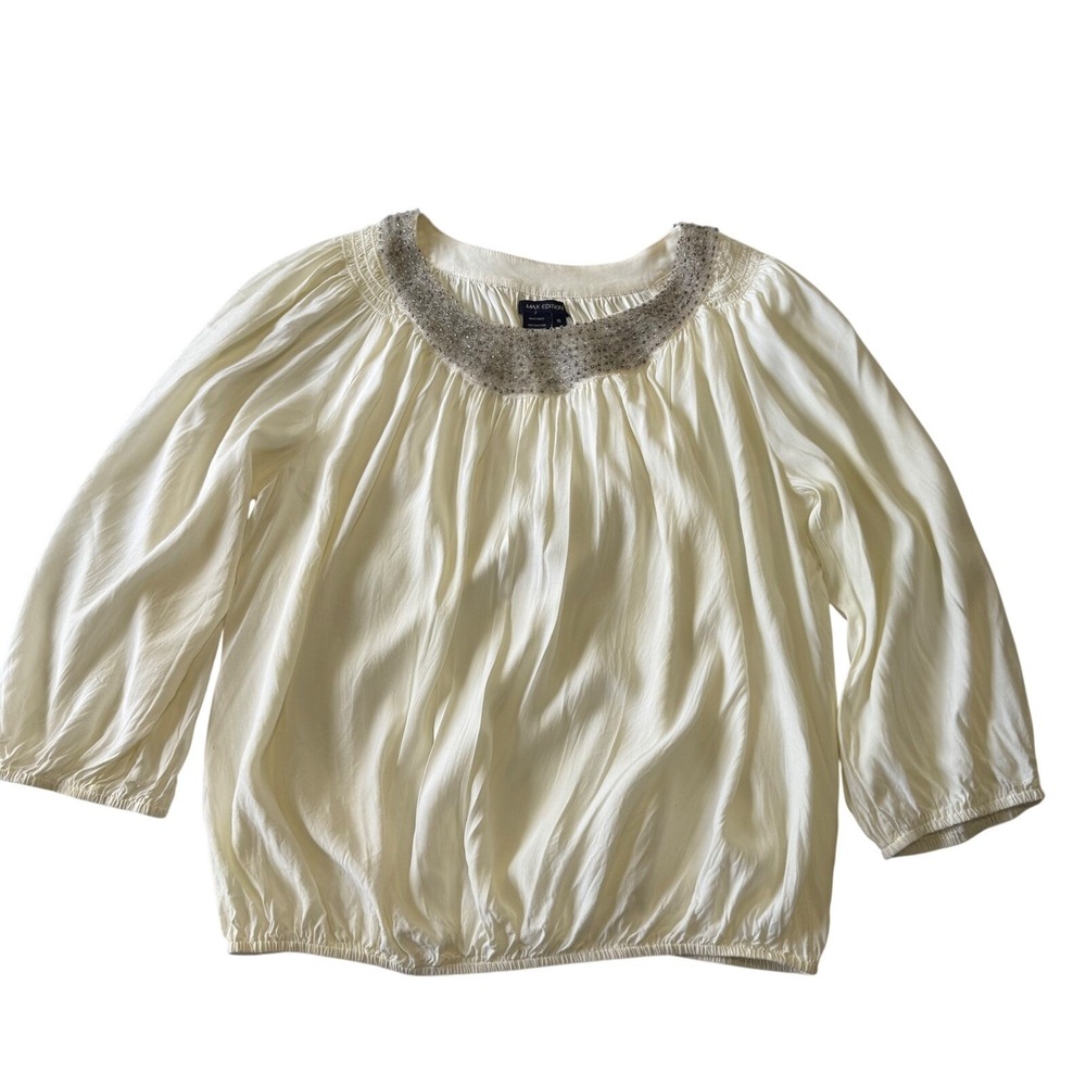 MAX EDITION Women Cream Boho Beaded Smocked Festival 3/4 Sleeve Blouse XL